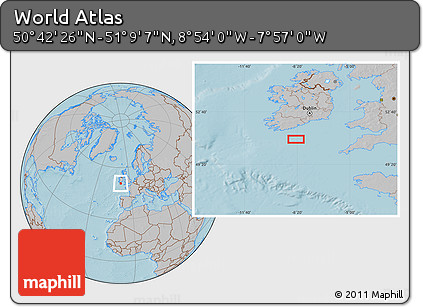 Gray Location Map of the Area around 50° 55' 47" N, 8° 25' 30" W, hill shading