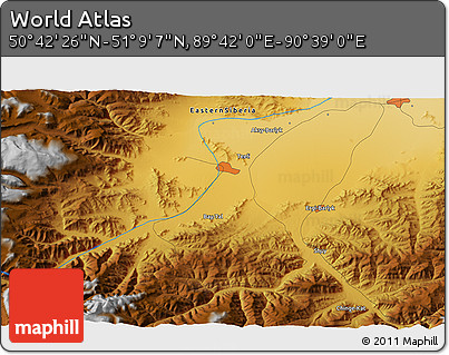 Physical 3D Map of the Area around 50° 55' 47" N, 90° 10' 30" E
