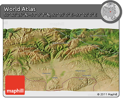 Satellite 3D Map of the Area around 50° 55' 47" N, 92° 43' 29" E