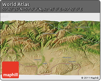 Satellite 3D Map of the Area around 50° 55' 47" N, 92° 43' 29" E