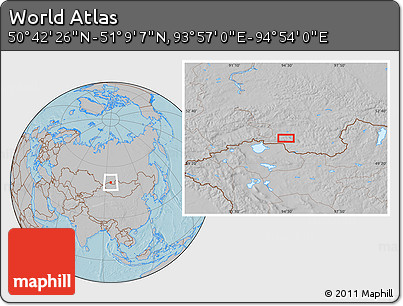 Gray Location Map of the Area around 50° 55' 47" N, 94° 25' 30" E, hill shading