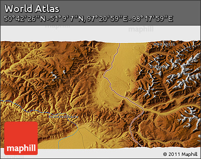 Physical 3D Map of the Area around 50° 55' 47" N, 97° 49' 29" E