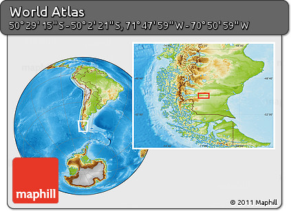 Physical Location Map of the Area around 50° 15' 48" S, 71° 19' 29" W