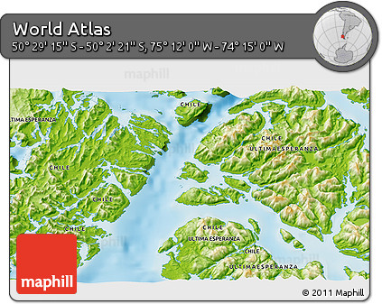Physical 3D Map of the Area around 50° 15' 48" S, 74° 43' 29" W