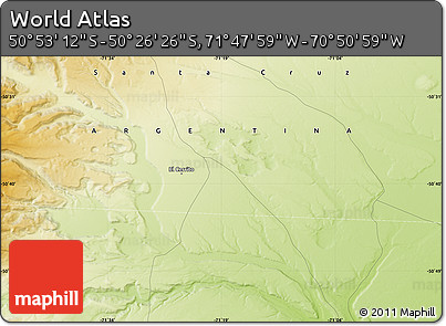 Physical Map of the Area around 50° 39' 49" S, 71° 19' 29" W