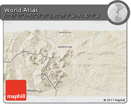 Shaded Relief 3D Map of the Area around 50° 39' 49" S, 72° 10' 30" W