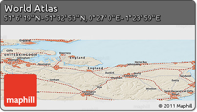 Shaded Relief Panoramic Map of the Area around 51° 19' 36" N, 0° 55' 29" E