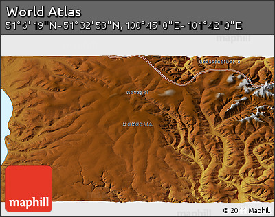 Physical 3D Map of the Area around 51° 19' 36" N, 101° 13' 29" E