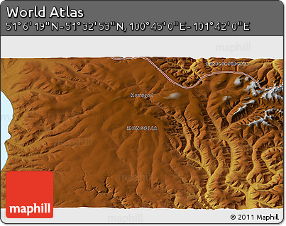 Physical 3D Map of the Area around 51° 19' 36" N, 101° 13' 29" E