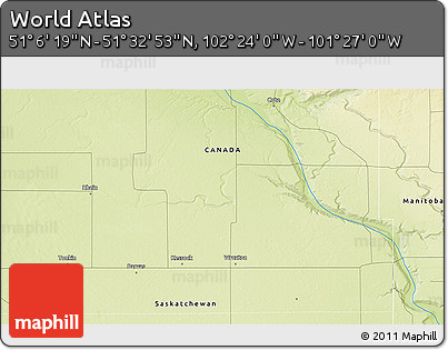 Physical 3D Map of the Area around 51° 19' 36" N, 101° 55' 30" W
