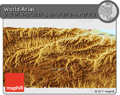 Physical 3D Map of the Area around 51° 19' 36" N, 103° 46' 30" E