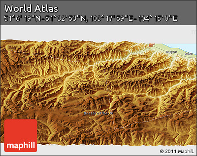 Physical 3D Map of the Area around 51° 19' 36" N, 103° 46' 30" E