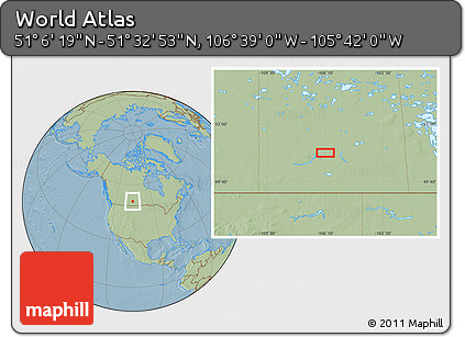 Savanna Style Location Map of the Area around 51° 19' 36" N, 106° 10' 30" W, hill shading