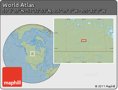 Savanna Style Location Map of the Area around 51° 19' 36" N, 106° 10' 30" W, hill shading