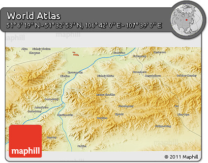 Physical 3D Map of the Area around 51° 19' 36" N, 107° 10' 30" E