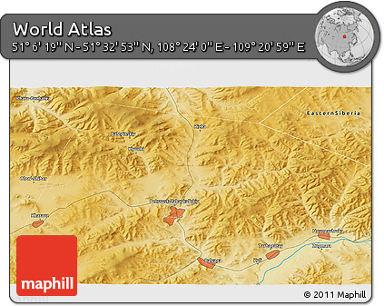 Physical 3D Map of the Area around 51° 19' 36" N, 108° 52' 30" E