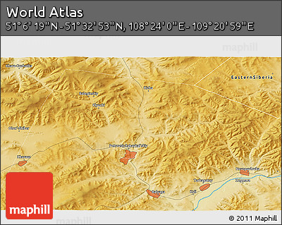 Physical 3D Map of the Area around 51° 19' 36" N, 108° 52' 30" E