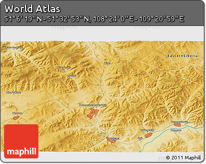 Physical 3D Map of the Area around 51° 19' 36" N, 108° 52' 30" E