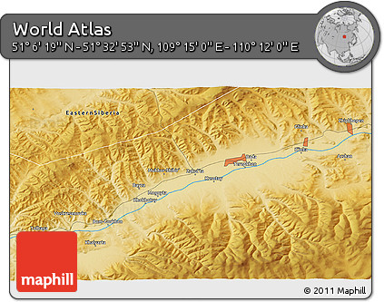 Physical 3D Map of the Area around 51° 19' 36" N, 109° 43' 29" E