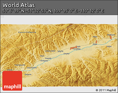 Physical 3D Map of the Area around 51° 19' 36" N, 109° 43' 29" E