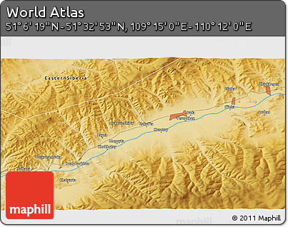 Physical 3D Map of the Area around 51° 19' 36" N, 109° 43' 29" E