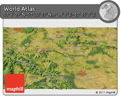 Satellite 3D Map of the Area around 51° 19' 36" N, 10° 16' 30" E
