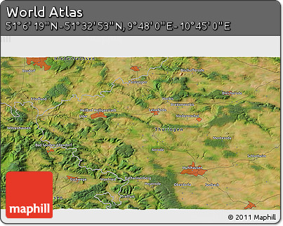 Satellite 3D Map of the Area around 51° 19' 36" N, 10° 16' 30" E