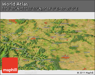 Satellite 3D Map of the Area around 51° 19' 36" N, 10° 16' 30" E