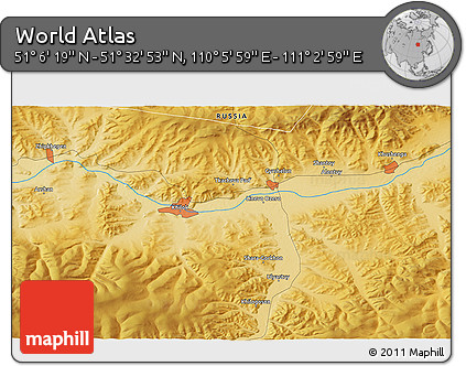 Physical 3D Map of the Area around 51° 19' 36" N, 110° 34' 29" E