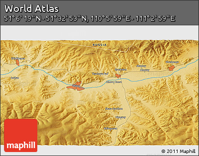 Physical 3D Map of the Area around 51° 19' 36" N, 110° 34' 29" E