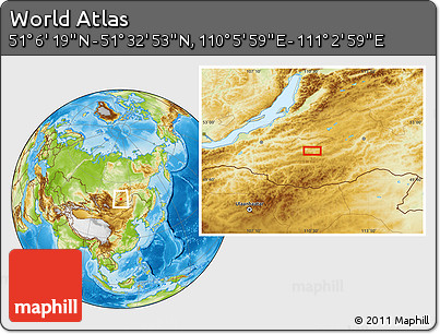 Physical Location Map of the Area around 51° 19' 36" N, 110° 34' 29" E