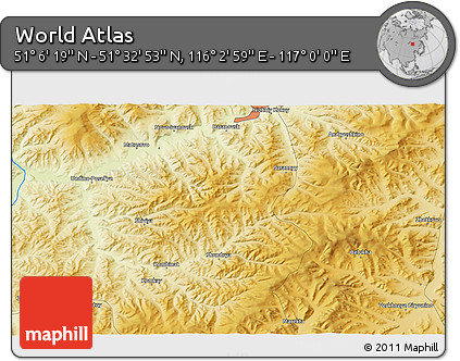 Physical 3D Map of the Area around 51° 19' 36" N, 116° 31' 30" E