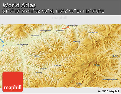 Physical 3D Map of the Area around 51° 19' 36" N, 116° 31' 30" E