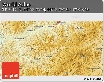 Physical 3D Map of the Area around 51° 19' 36" N, 116° 31' 30" E