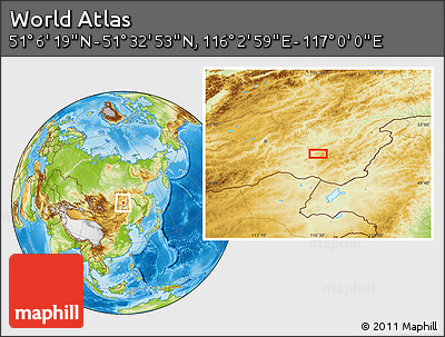 Physical Location Map of the Area around 51° 19' 36" N, 116° 31' 30" E