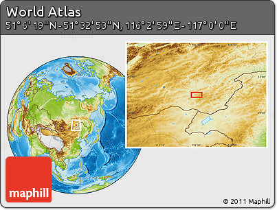 Physical Location Map of the Area around 51° 19' 36" N, 116° 31' 30" E