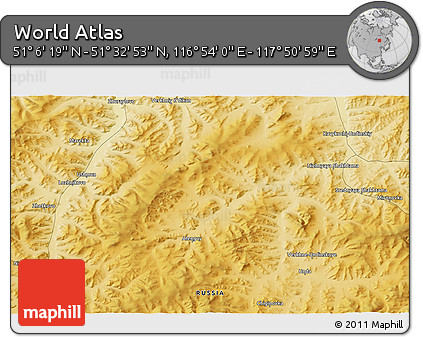 Physical 3D Map of the Area around 51° 19' 36" N, 117° 22' 30" E