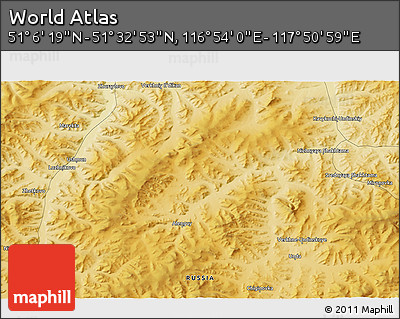 Physical 3D Map of the Area around 51° 19' 36" N, 117° 22' 30" E