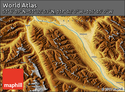 Physical Map of the Area around 51° 19' 36" N, 117° 13' 29" W