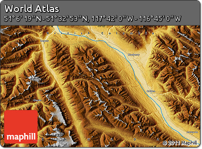 Physical Map of the Area around 51° 19' 36" N, 117° 13' 29" W