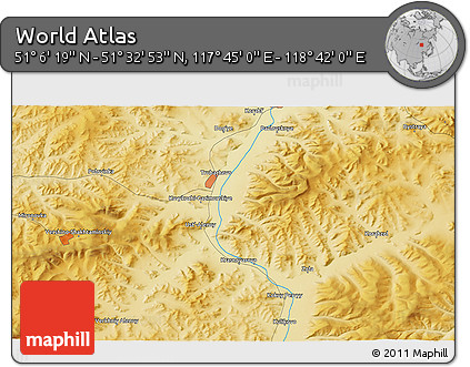 Physical 3D Map of the Area around 51° 19' 36" N, 118° 13' 29" E
