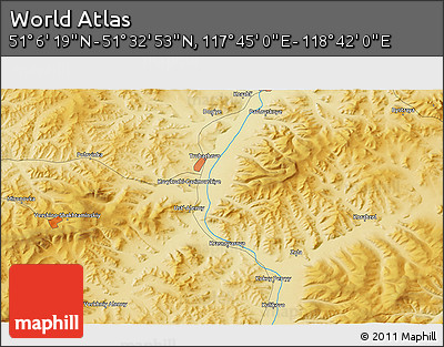 Physical 3D Map of the Area around 51° 19' 36" N, 118° 13' 29" E