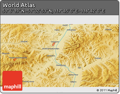 Physical 3D Map of the Area around 51° 19' 36" N, 118° 13' 29" E
