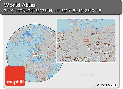 Gray Location Map of the Area around 51° 19' 36" N, 11° 58' 29" E, hill shading