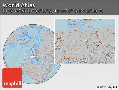 Gray Location Map of the Area around 51° 19' 36" N, 11° 58' 29" E, hill shading