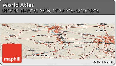 Shaded Relief Panoramic Map of the Area around 51° 19' 36" N, 11° 58' 29" E