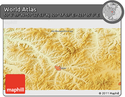 Physical 3D Map of the Area around 51° 19' 36" N, 120° 46' 30" E