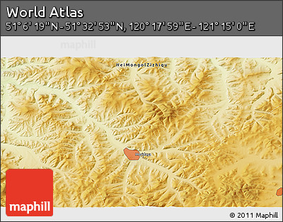 Physical 3D Map of the Area around 51° 19' 36" N, 120° 46' 30" E