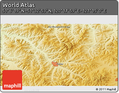 Physical 3D Map of the Area around 51° 19' 36" N, 120° 46' 30" E
