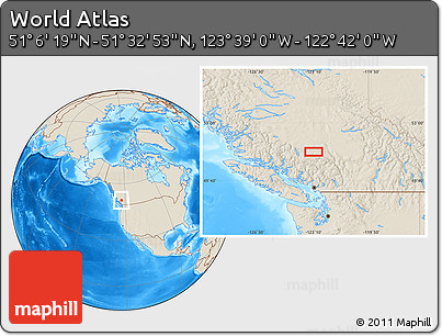 Shaded Relief Location Map of the Area around 51° 19' 36" N, 123° 10' 30" W